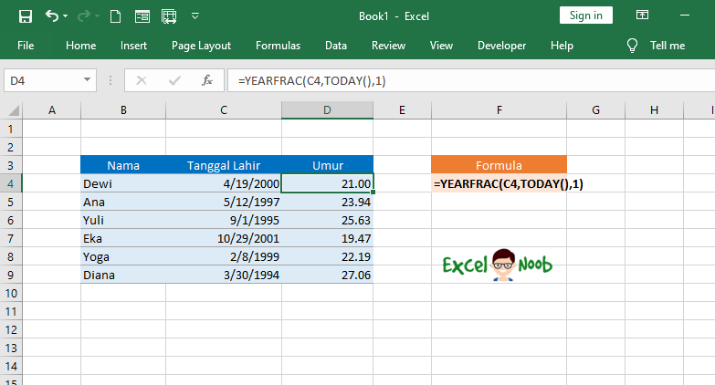 Menghitung umur dengan YEARFRAC